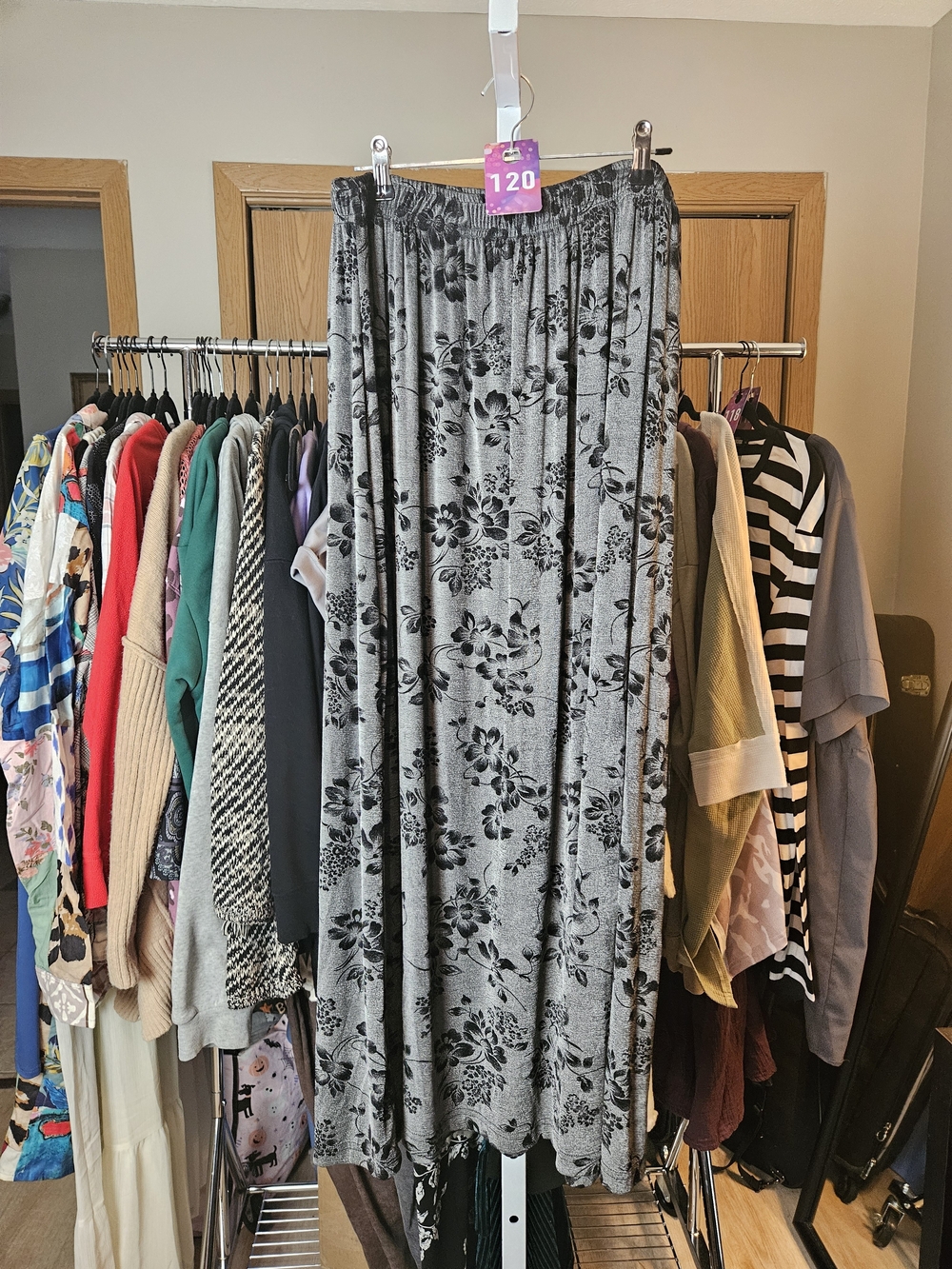 Gray Floral Midi Skirt with Elastic Waist